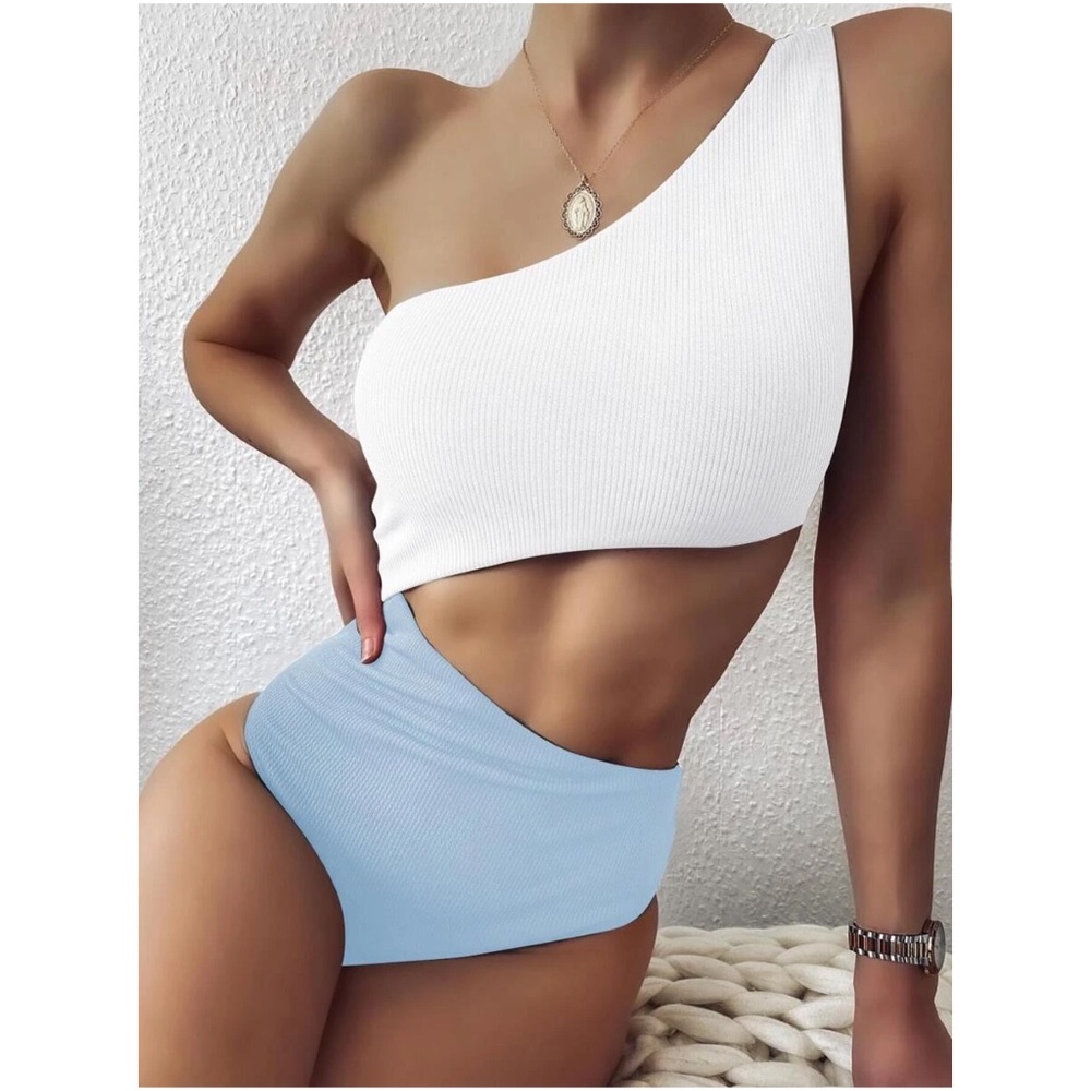 One Shoulder Color Block Monokini One Piece Swim - Picture 2 of 5